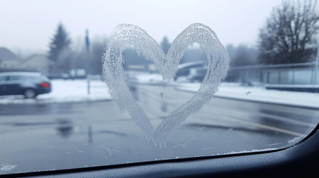 A frosted window displays a heart-shaped pattern formed by condensation, set against a wintry backdrop, evoking feelings of love and warmth amidst a cold environment.の素材
