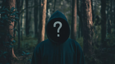 A hooded figure stands alone in a dark forest, surrounded by tall trees and shadows, creating an atmosphere of mystery and intrigue, inviting curiosity and interpretation.の素材