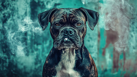 This captivating image features a serious boxer dog with a cigarette, enveloped in smoke against a textured background, capturing an intriguing urban aesthetic and unique personality.の素材