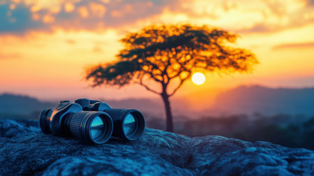This captivating image features binoculars resting on a rock, framed by a stunning sunset and a solitary tree, evoking a sense of adventure and exploration in nature.の素材