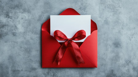 A beautiful red envelope with a white card elegantly tied with a satin ribbon sits on a textured gray background, ideal for greeting cards, invitations, or special notes.の素材