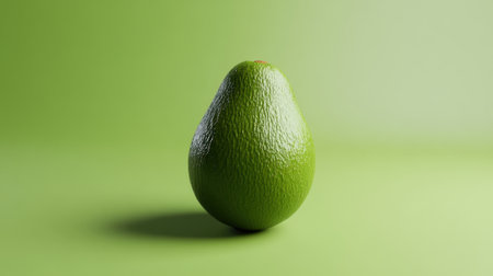 A beautifully lit avocado stands alone on a soft green background, showcasing its glossy surface and rich color, ideal for food-related themes and healthy eating content.の素材