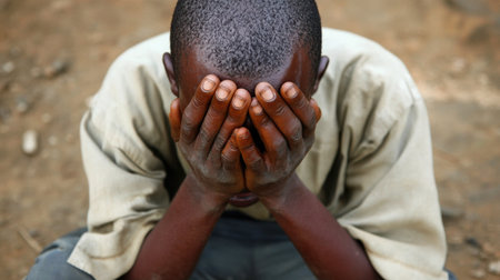 A young boy displays deep emotions by covering his face with hands, revealing moments of sadness and vulnerability in a natural outdoor setting, capturing a relatable human experience.の素材