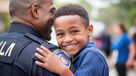 A joyful young boy hugs a police officer in a touching moment, highlighting the bond between law enforcement and the community, fostering trust and connection.の素材