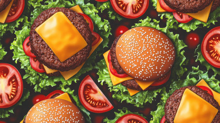 A vibrant arrangement of burger ingredients featuring juicy patties, melted cheese, fresh lettuce, sliced tomatoes, and sesame buns, perfect for food lovers and culinary enthusiasts.の素材