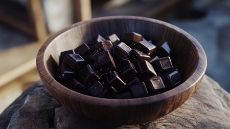 A captivating wooden bowl filled with rich dark chocolate squares, perfect for desserts and snacks. Ideal for culinary enthusiasts and cozy gatherings.の素材