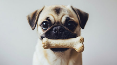 This adorable pug holds a bone in its mouth, capturing the essence of playful companionship and joy in a warm, inviting indoor environment.の素材