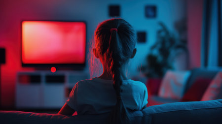 A child sits on a couch, gazing at a television in a dimly lit room filled with warm, colorful lights, creating an intriguing atmosphere ideal for an engaging evening.の素材