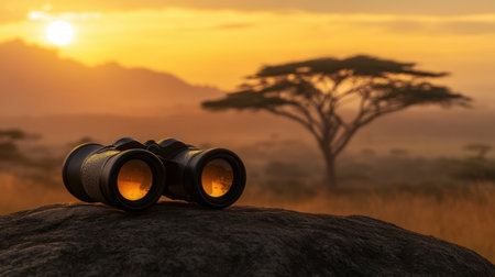A stunning sunset scene featuring binoculars resting on a rock, surrounded by natural beauty. The warm hues of the sky and distant trees create a serene atmosphere for exploration.の素材