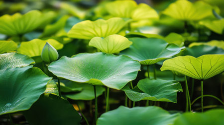 Discover the beauty of vibrant green lotus leaves in a serene aquatic environment, reflecting tranquility and growth in this stunning natural setting.の素材