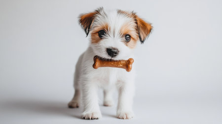 This charming puppy with a shiny coat is playfully holding a small bone toy in its mouth, providing an adorable moment filled with innocence and joy in a soft light setting.の素材