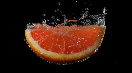 A visually stunning image of a fresh orange slice dropping into water, creating an explosion of bubbles against a dark background, highlighting freshness and vibrant colors.の素材