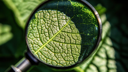 A detailed close-up of a leaf viewed through a magnifying glass, showcasing intricate veins and natural textures against a lush green backdrop, perfect for nature enthusiasts.の素材