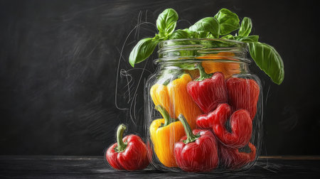 A stunning arrangement of colorful bell peppers inside a jar, garnished with fresh basil leaves, set against a dark background, ideal for culinary and healthy eating themes.の素材