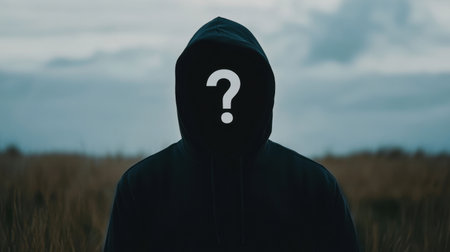 A mysterious figure in a dark hoodie stands against a blurred natural landscape, their identity concealed, evoking feelings of intrigue and contemplation in an atmospheric setting.の素材