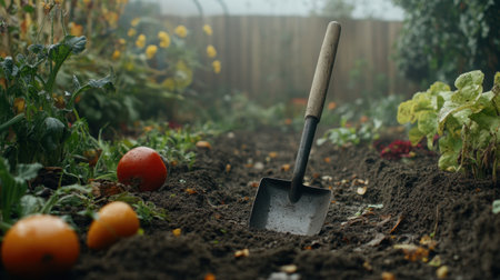 A close-up of a garden bed featuring a metal shovel, surrounded by growing vegetables and fruits, evoking a serene atmosphere in a foggy environment ideal for gardeners.の素材