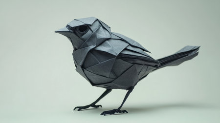 This stunning origami bird sculpture, crafted from black paper, showcases the elegance of paper folding art, illustrating intricate design and artistry in a serene setting.の素材