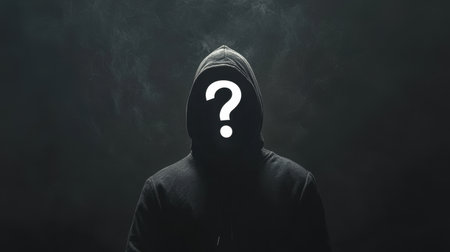 A solitary figure cloaked in darkness wears a hood, with a mysterious question mark symbolizing identity. The image evokes feelings of intrigue and enigma in a moody atmosphere.の素材
