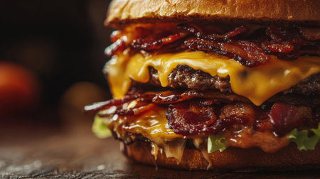 A mouthwatering bacon cheeseburger loaded with melted cheese and crispy bacon, sitting on a rustic wooden table. Perfect for food lovers seeking a tasty experience.の素材