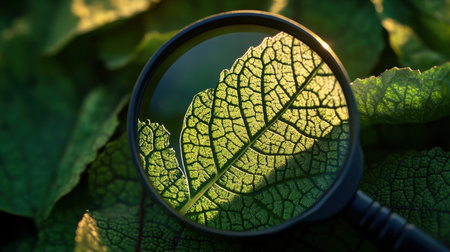 A close-up image showcasing a leaf viewed through a magnifying glass, revealing detailed veins and textures illuminated by sunlight, celebrating the beauty of nature and exploration.の素材