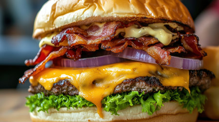 A mouthwatering bacon cheeseburger featuring layers of crispy bacon, melted cheese, fresh lettuce, and onions on a toasted bun ideal for food lovers and gourmet dining.の素材