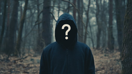 A hooded figure stands in a foggy forest, shrouded in mystery and evoking emotions of solitude and intrigue, perfectly capturing the essence of the unknown in nature.の素材