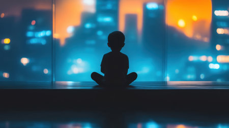 A young child is sitting in a meditative pose, silhouetted against a softly blurred city skyline at dawn, evoking feelings of peace and introspection in an urban setting.の素材
