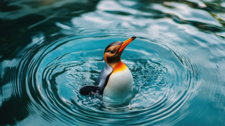 A graceful penguin glides through clear water, creating ripples and reflections. This striking wildlife image captures the elegance and charm of this beautiful creature in its natural aquatic setting.の素材