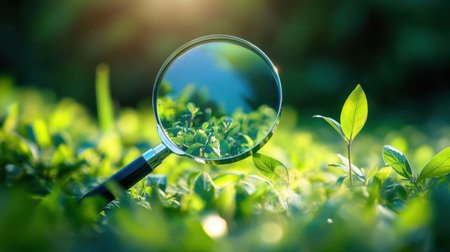 A magnifying glass hovers above vibrant green leaves, capturing the intricate details of nature in a sunlit garden, ideal for exploration and research themes.の素材