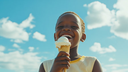 A delighted child holding an ice cream cone with a big smile, set against a beautiful blue sky adorned with fluffy clouds, embodying pure joy and carefree summer fun.の素材