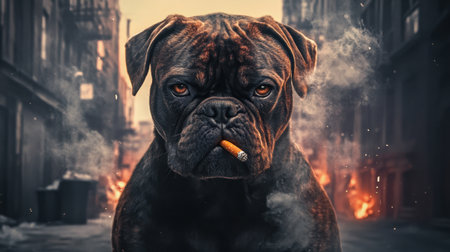 A striking image of a dog sitting amidst smoke and flames in an urban setting, showcasing a tough demeanor and relaxed attitude with a cigarette, creating a dramatic atmosphere.の素材