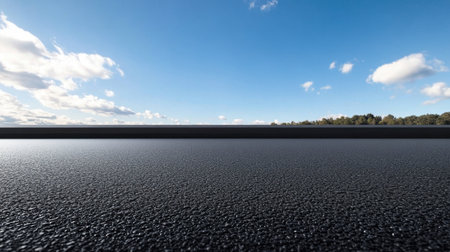 A captivating image showcasing a black asphalt road leading toward a bright blue sky adorned with soft clouds, framed by vibrant green trees in the background. Perfect for nature and travel themes.の素材