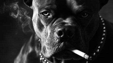 A striking black and white close-up of a dog with a cigarette, showcasing a fierce expression and captivating presence, evoking strong emotions and urban culture.の素材