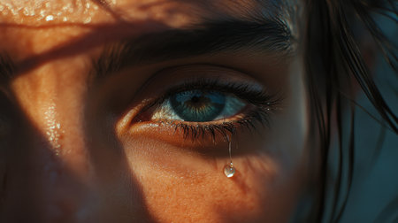 A mesmerizing close-up of a single green eye, featuring a tear drop and illuminated by soft natural light, reflects deep emotion and captures a moment of vulnerability.の素材