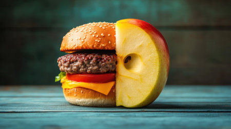 A creative food composition featuring half a juicy cheeseburger and half a fresh apple, symbolizing a balance between indulgence and healthy eating choices in contemporary cuisine.の素材