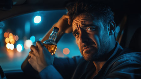 A man sits in a car at night, holding a bottle of drink, reflecting a deep emotional struggle against the backdrop of blurred city lights, evoking feelings of solitude and turmoil.の素材