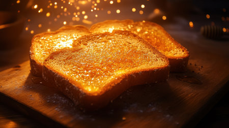 Closeup of three golden brown toast slices on a wooden board, glimmering with sparkles, perfect for breakfast, culinary themes, or food styling.の素材