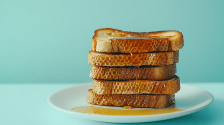 A tempting stack of toasted bread drizzled with honey syrup, beautifully presented on a white plate against a turquoise backdrop, ideal for food photography and breakfast ideas.の素材