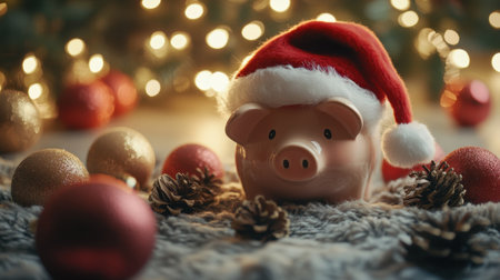 A charming piggy bank adorned with a Santa hat surrounded by elegant ornaments and pinecones, set against a backdrop of warm, festive lights, embodying holiday cheer.の素材