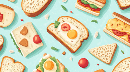 Vibrant illustration showcasing an assortment of sandwiches and toasts, featuring eggs, cheese, and fresh vegetables on a cheerful blue background. Perfect for food enthusiasts.の素材