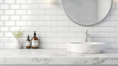 Explore a chic bathroom setting with white subway tiles, an elegant round mirror, and a sophisticated marble sink, perfect for achieving a minimalist aesthetic and refreshing ambiance.の素材