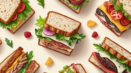 An eye-catching assortment of colorful sandwiches stacked with fresh ingredients, ideal for food enthusiasts and culinary inspirations. Perfect for menu designs and food blogs.の素材