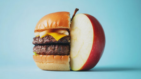 A striking image showing a half burger and half apple, symbolizing the debate between indulgent fast food and healthy choices, perfect for discussions on nutrition and lifestyle.の素材
