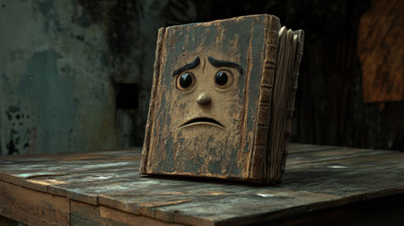 An anthropomorphic book with a sad expression sits abandoned in a dark room, showcasing its weathered cover and large eyes, evoking nostalgia and deep emotion.の素材