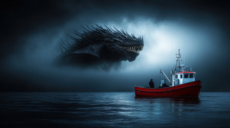 A captivating scene of a small fishing boat confronted by a gigantic dragon in dark waters, enveloped in eerie fog, embodying the thrill of adventure and fantasy.の素材