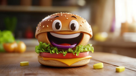 A cheerful cartoon hamburger character features a big smile, fresh ingredients, and a playful design, perfect for fun and engaging food-related content in a bright kitchen.の素材