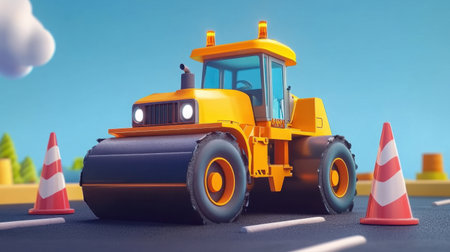 A vibrant cartoon-style road roller surrounded by safety cones on a sunny day. Ideal for children's illustrations or construction-themed projects, this cheerful artwork brings energy and fun.の素材