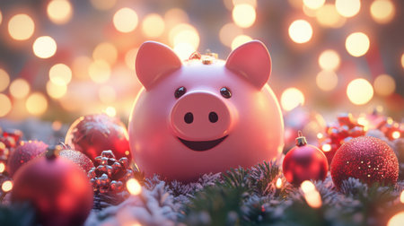A charming piggy bank sits amid festive Christmas ornaments and soft lights, symbolizing financial savings and holiday cheer in a warm, inviting setting.の素材