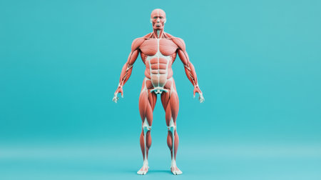 Detailed anatomical model showcasing the human muscular and skeletal systems against a vibrant backdrop, ideal for educational materials and health-related content.の素材