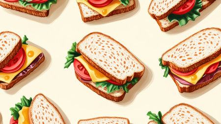 A vibrant and colorful pattern showcasing various delicious sandwiches, perfect for food-related projects, culinary art, or as a playful design element in various creative works.の素材